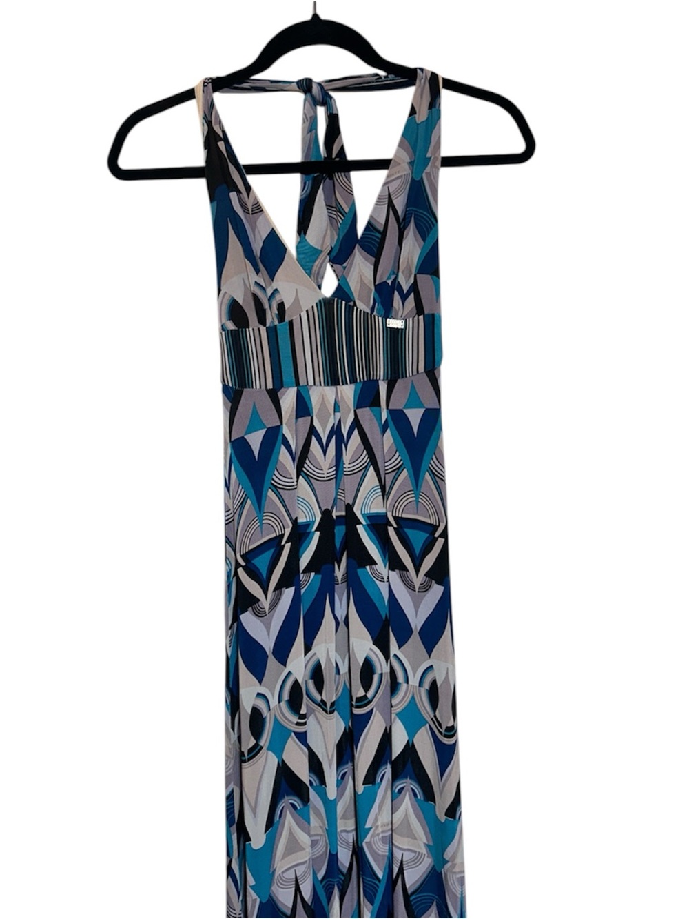 Vintage rare Miss Sixty Blue & Gray Geometric Maxi Dress with Tie-Back